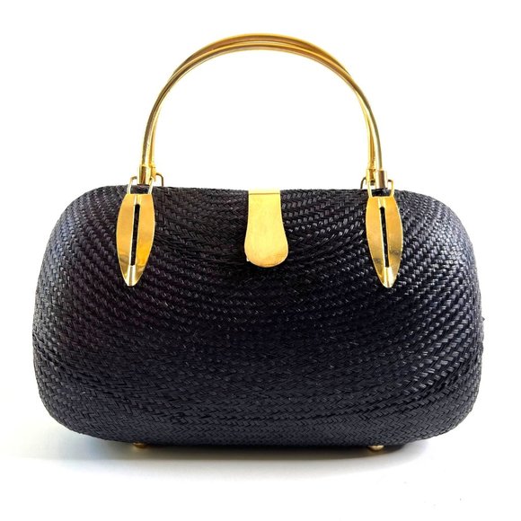 Vintage Handbags - Vintage Black Hard Shell Purse Brass Double Handles Woven Basketweave 10x6
